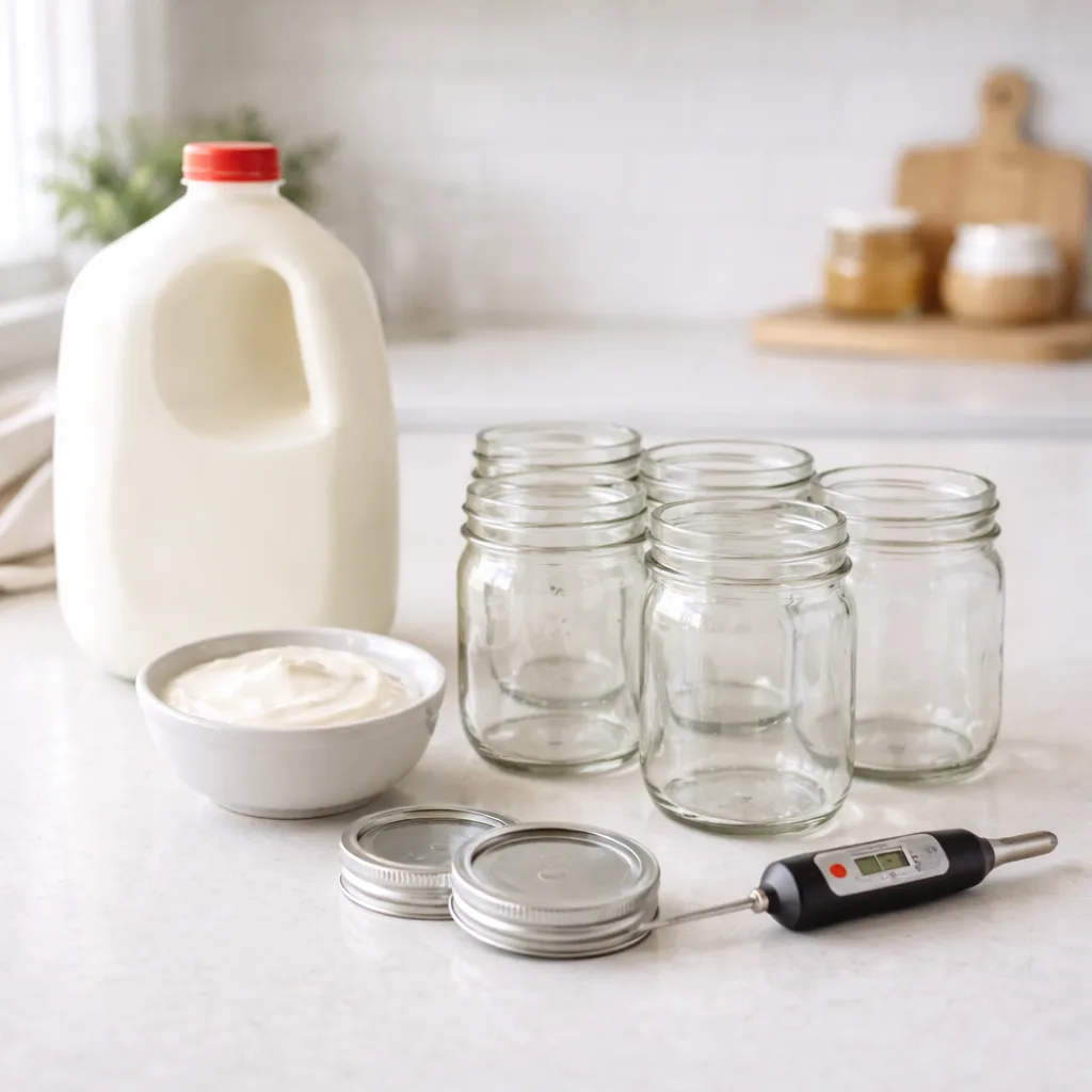 how to make yogurt at home_Organized kitchen setup for making yogurt at home with milk, live culture, thermometer, and glass jars