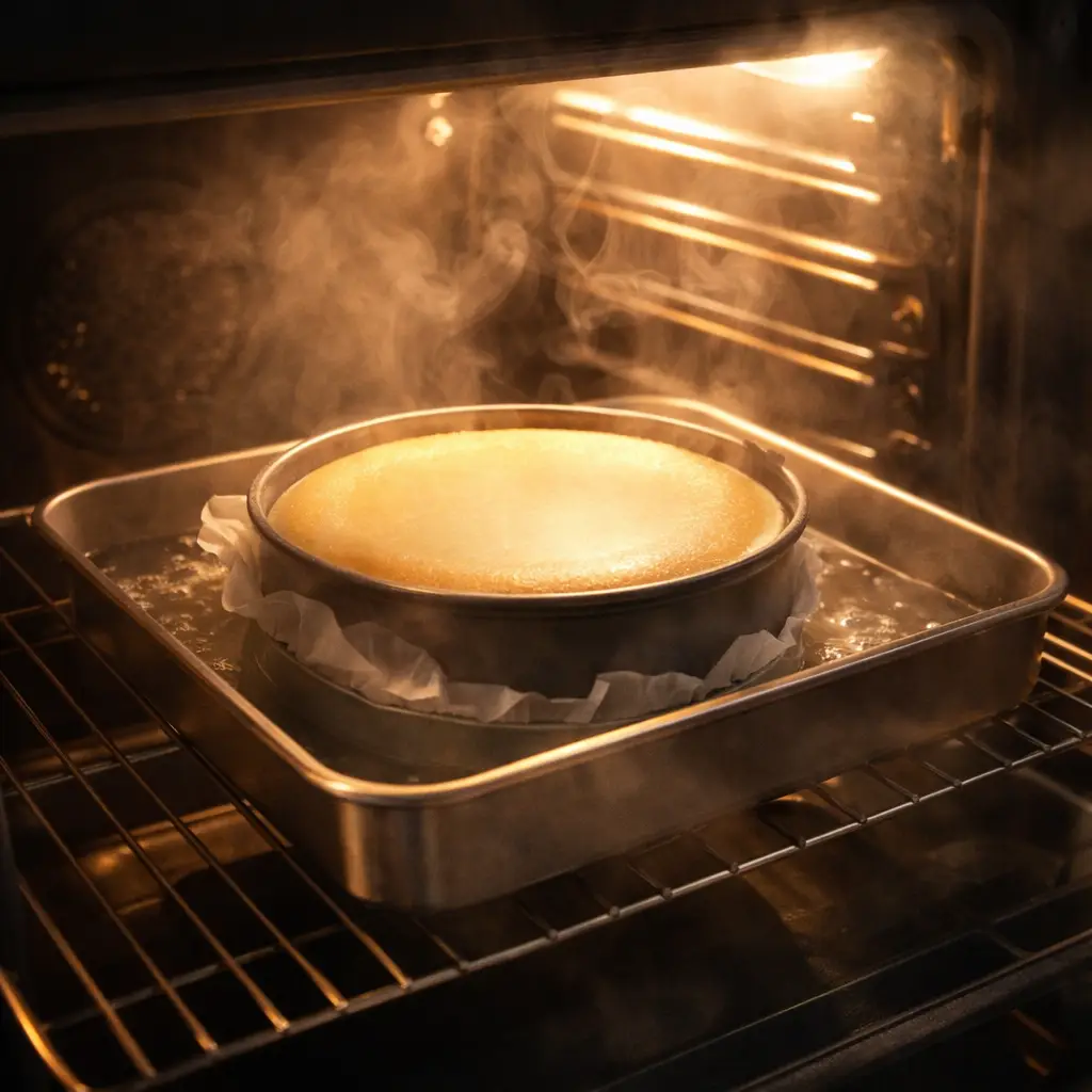 Smooth crack-free cheesecake with baking ingredients arranged neatly