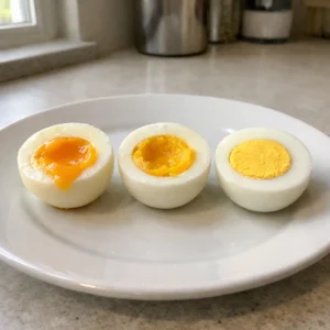 Perfectly boiled eggs sliced in half showing soft, medium and hard yolks on a white plate in natural light