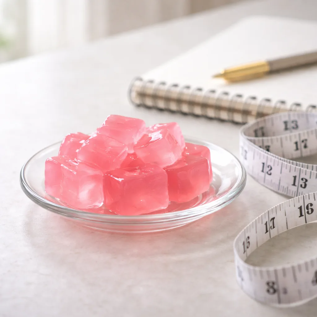 pink-gelatin-diet-metaphor Dr Oz Pink Gelatin Trick_Close-up of pink gelatin cubes on glass plate with measuring tape and notebook, symbolizing pink gelatin diet trend