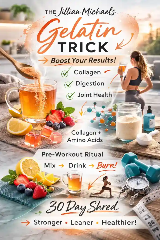 Pinterest-optimized graphic illustrating the Jillian Michaels Gelatin Trick