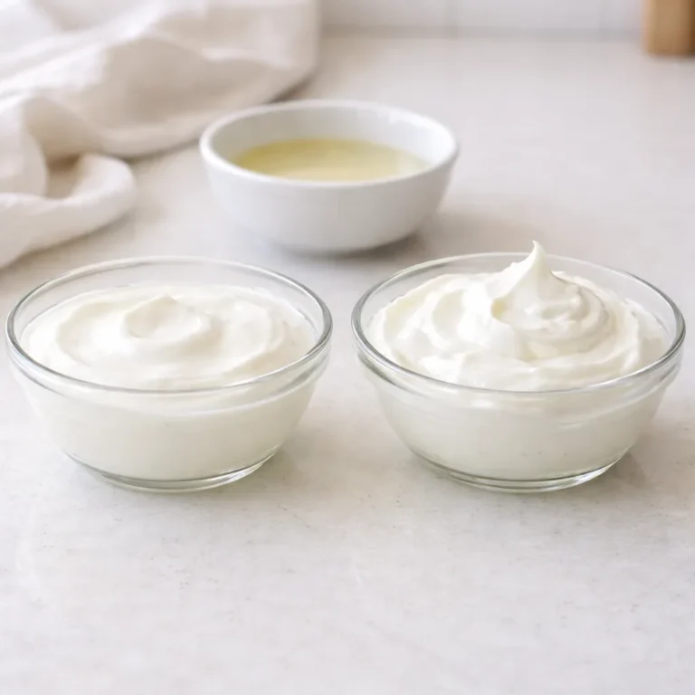 Side-by-side comparison of regular yogurt and thick Greek yogurt with visible texture difference and whey
