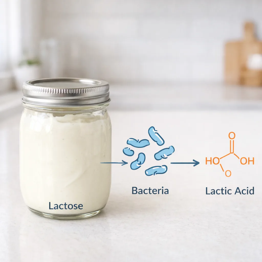 Scientific fermentation concept showing homemade yogurt with diagram of bacteria converting lactose to lactic acid