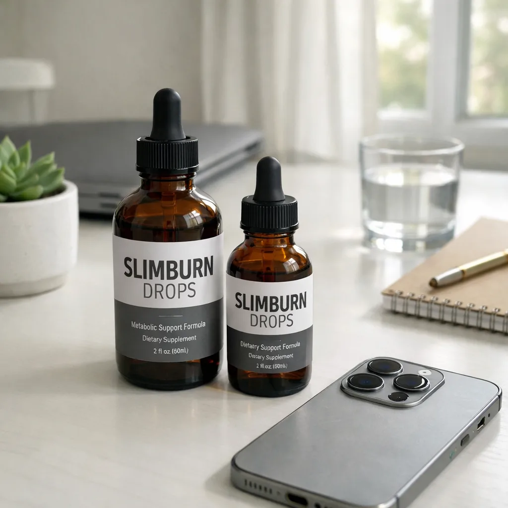 Close-up visualization of SLIMBURN DROPS with digital metabolism icons