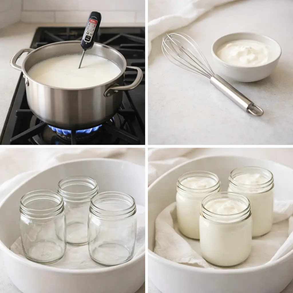 Step-by-step yogurt making process collage with milk on stove, starter culture, and jars for incubation