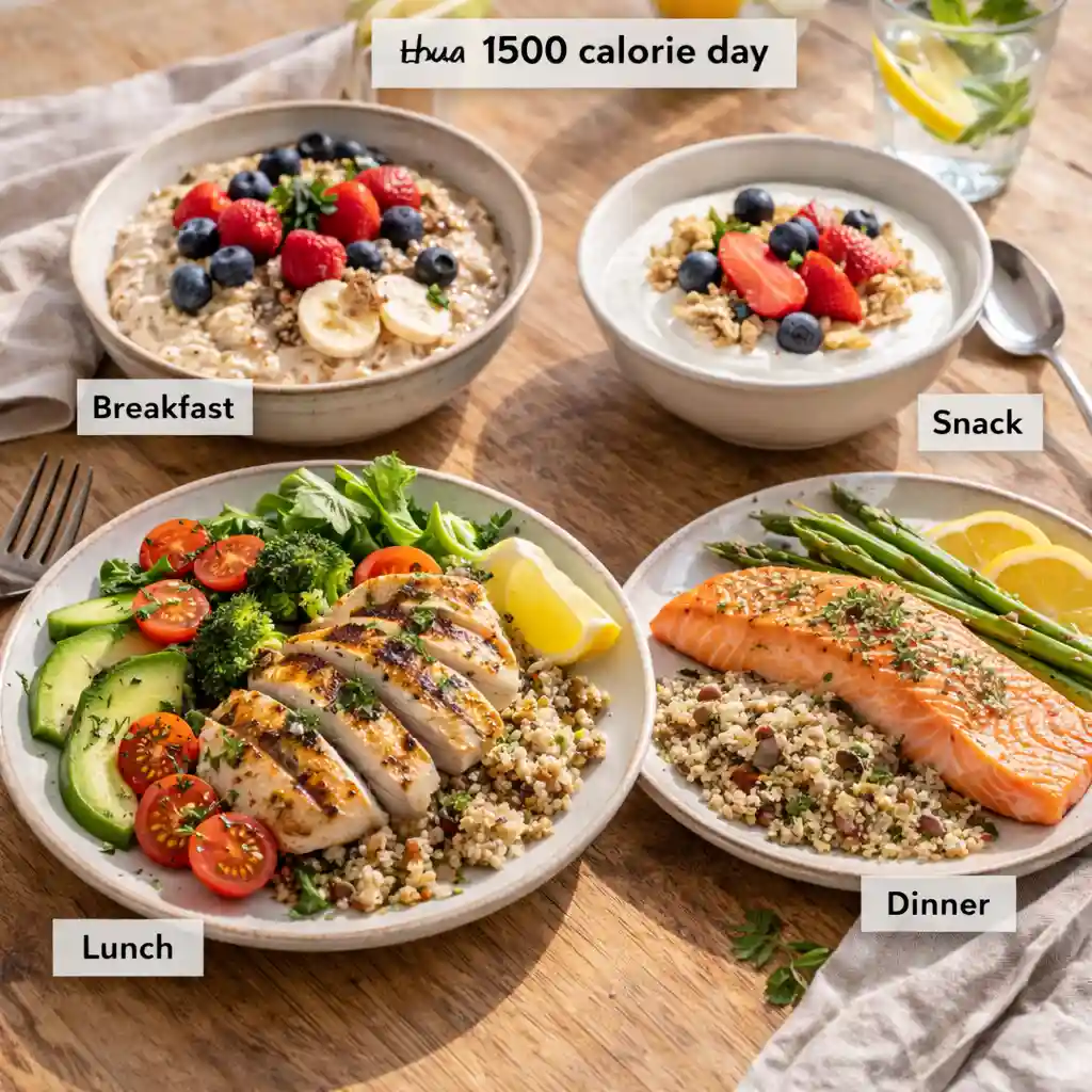 person writing in food journal beside balanced healthy meal and glass of water in bright kitchen