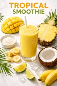 Vertical Pinterest-style tropical smoothie with vibrant fruits