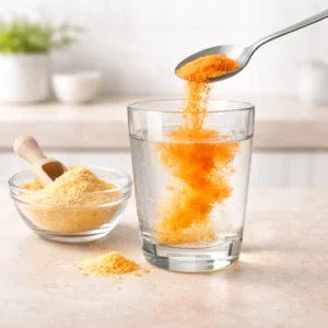 Close-up of unflavored gelatin powder in glass bowl beside warm herbal tea in soft natural light