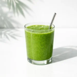 Vibrant green tropical smoothie in clear glass on white surface with soft leaf shadows