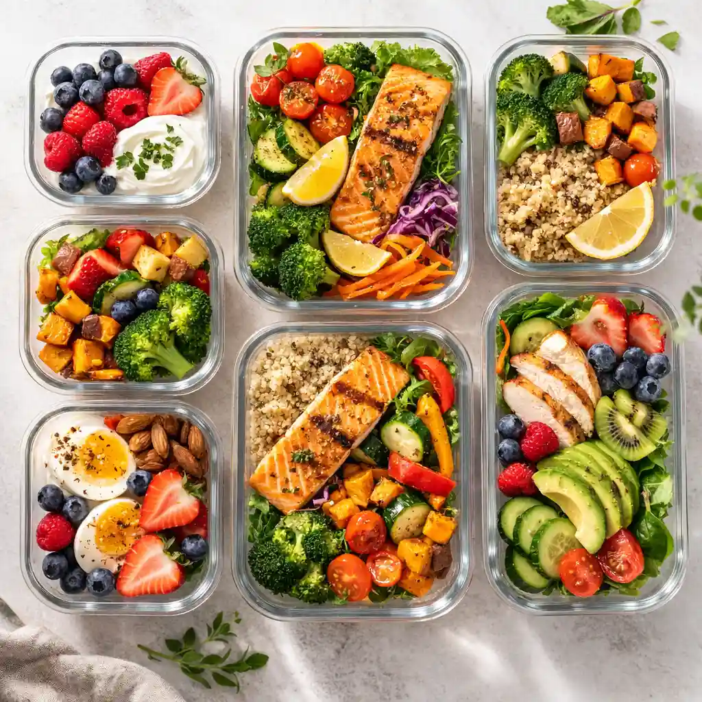 weekly-healthy-meal-prep-containers-weight-loss top-down view of weekly healthy meal prep containers with grilled salmon, quinoa, vegetables and Greek yogurt