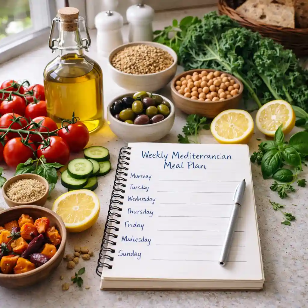 weekly-mediterranean-meal-plan-kitchen-scene mediterranean diet recipes_Weekly Mediterranean meal plan notebook with fresh produce, olive oil, whole grains, and legumes on kitchen counter