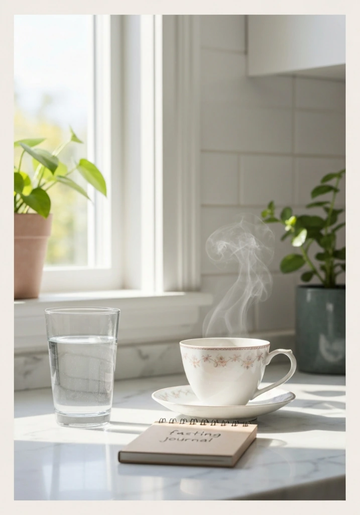 Vertical Pinterest image showing water tea and fasting journal 3 day fasting benefits