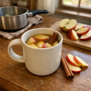 3 ingredient boiled apple tea for digestion in a mug with apple slices and cinnamon stick