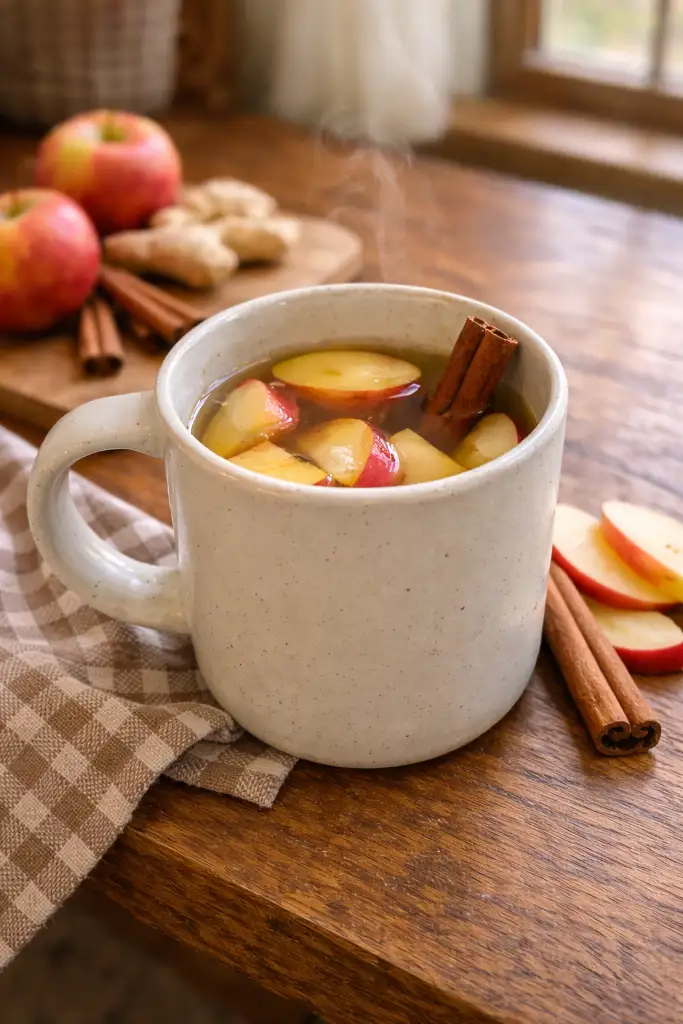 Pinterest style vertical photo of homemade boiled apple tea with apples and cinnamon 3 ingredient boiled apple tea for digestion