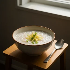 bowl of 3 ingredient congee breakfast with ginger and scallions