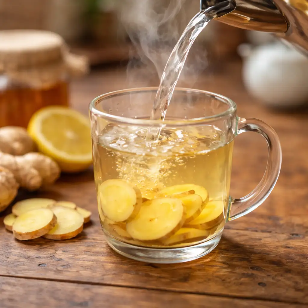 Pouring hot water over fresh ginger slices for tea