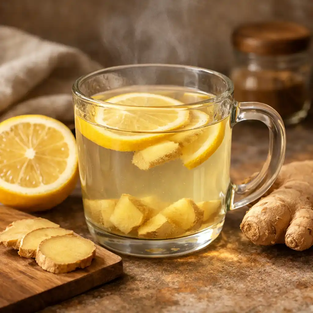 Warm lemon ginger nighttime drink in a glass mug with steam rising anti bloating nighttime drink 3 ingredients