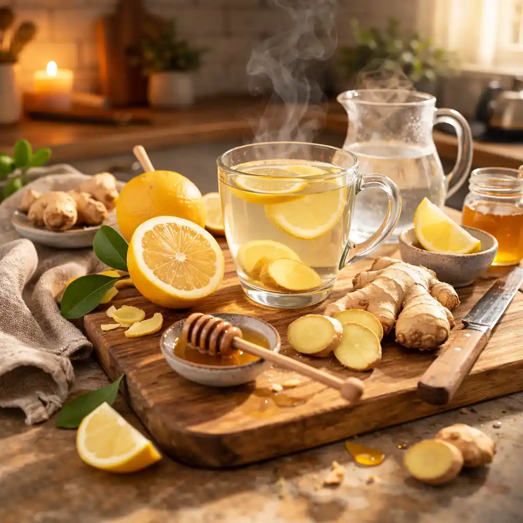 Lemon ginger warm drink with fresh lemon halves and ginger root anti bloating nighttime drink 3 ingredients