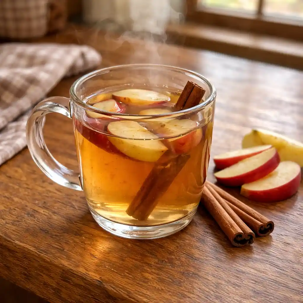 Glass mug of apple cinnamon tea with apple slices 3 ingredient boiled apple tea for digestion