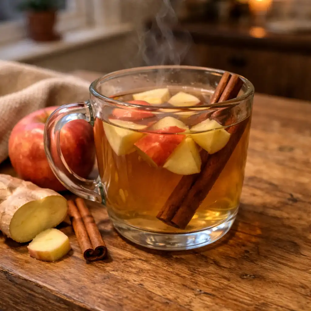 Glass mug of apple ginger tea with fresh apples and spices gut healing apple tea before bed