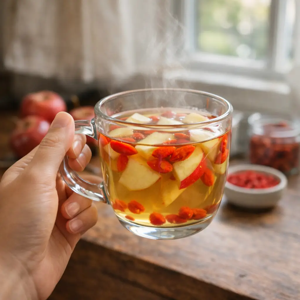 cozy evening with mug of apple goji berry digestive tea