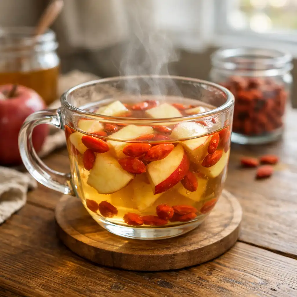steaming cup of apple goji berry digestive tea with apple slices and goji berries
