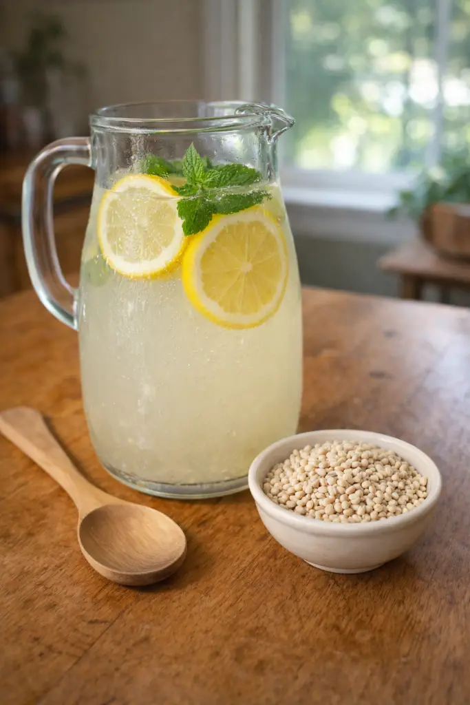 Tall pitcher and glass of barley water with lemon and mint on rustic kitchen table barley water recipe