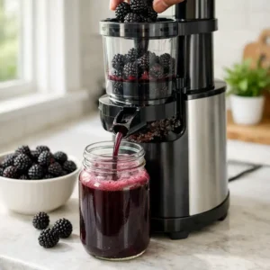 Straining blackberry juice through a fine mesh strainer