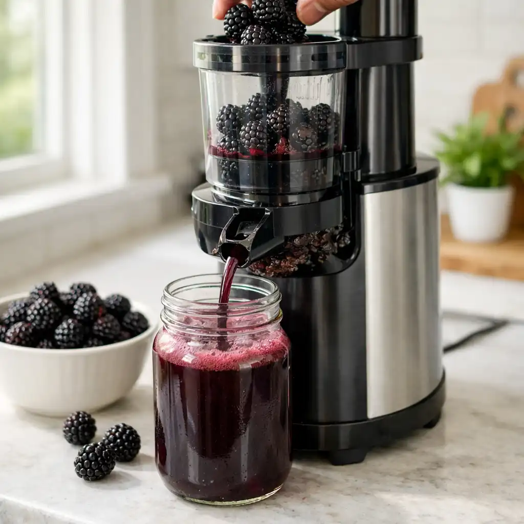 Straining blackberry juice through a fine mesh strainer