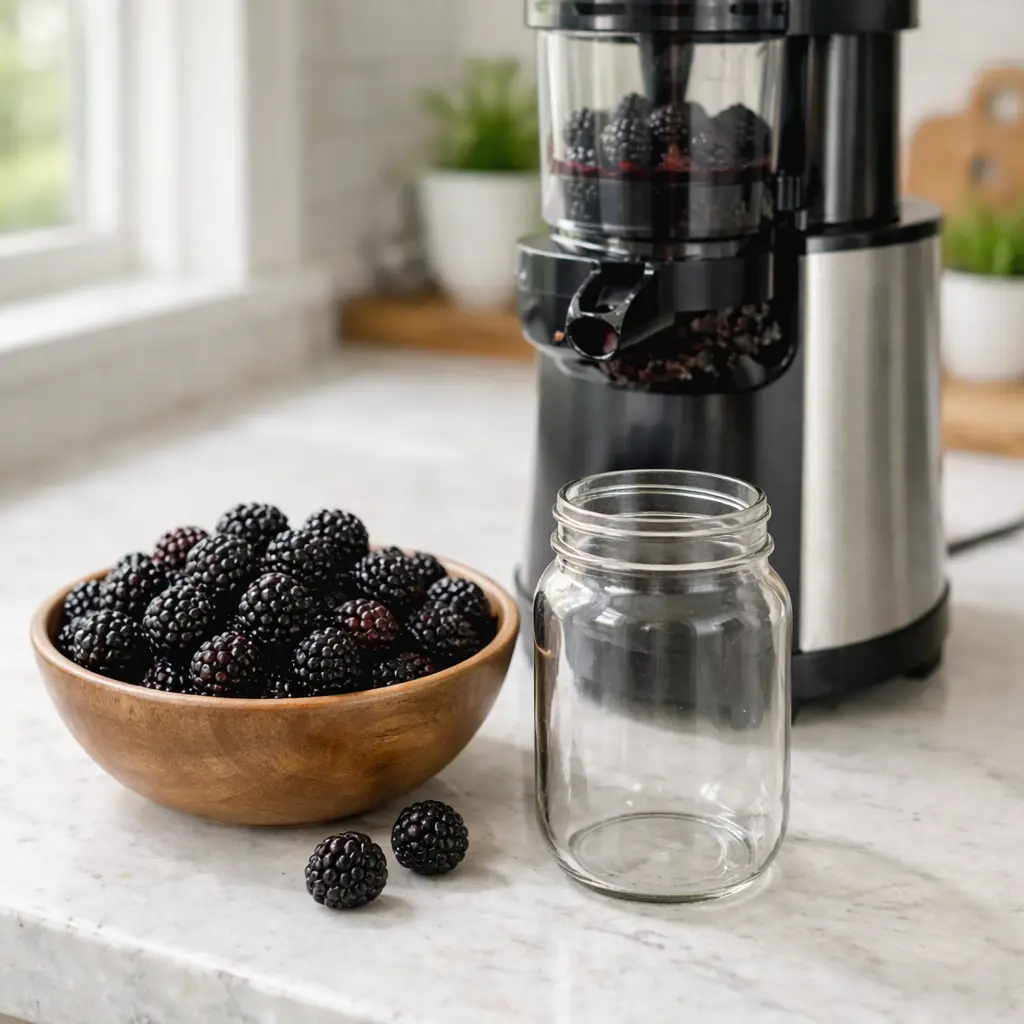 Blackberries and pears beside a juicer for fruit blend