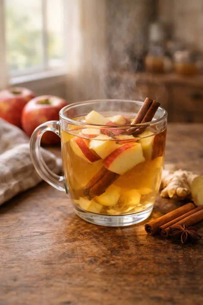 vertical Pinterest image of boiled apple tea with apples cinnamon and ginger boiled apple tea for gut health
