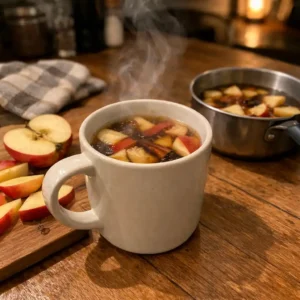 Homemade boiled apple tea in a mug with fresh apple slices on a kitchen table Why is everyone drinking boiled apple tea every night