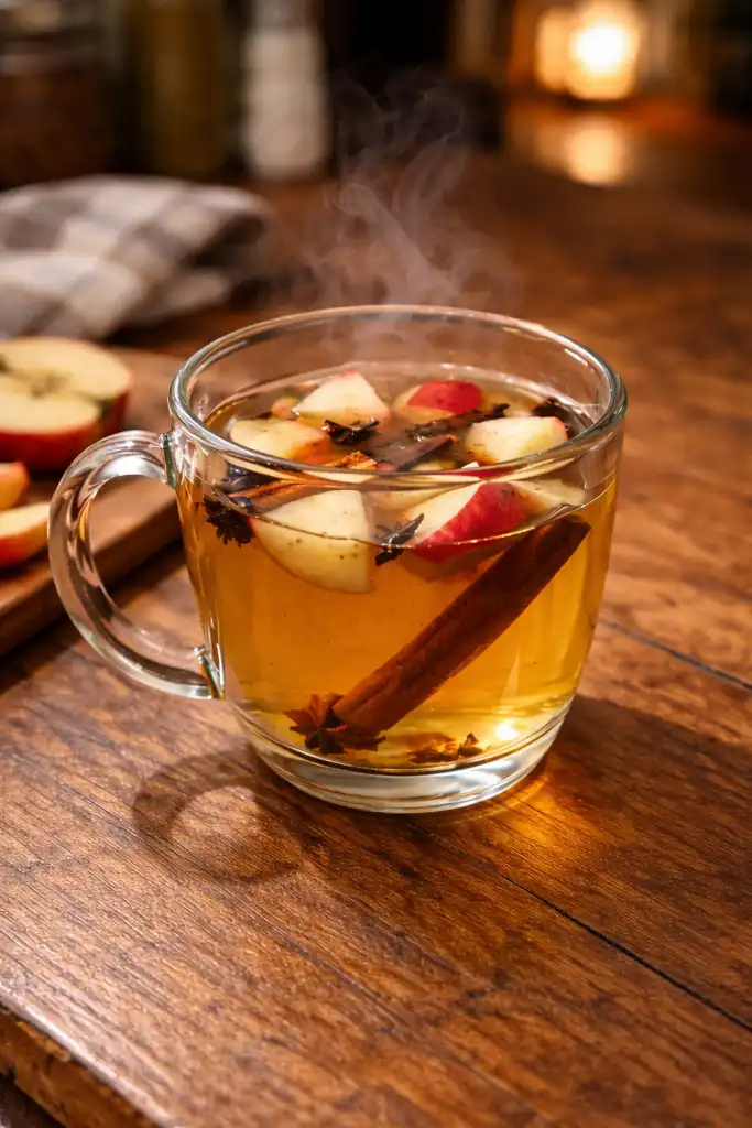 Vertical Pinterest image of homemade boiled apple tea with apples and cinnamon Why is everyone drinking boiled apple tea every night