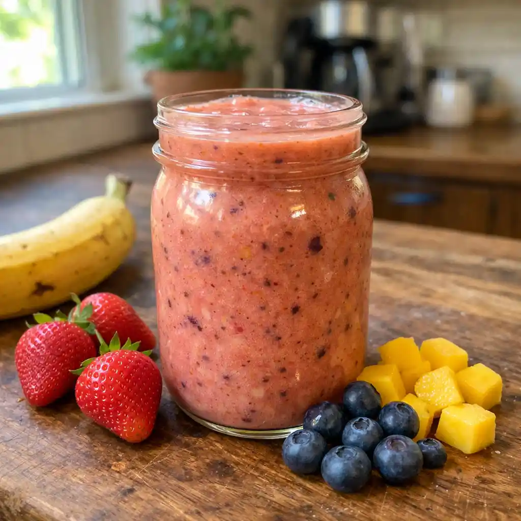 Berry smoothie bowl topped with oats, chia seeds, and fresh fruit