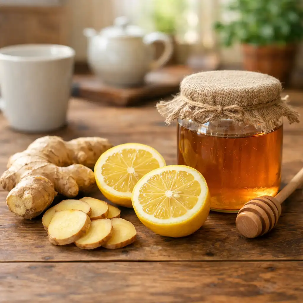 Pouring hot water over fresh ginger slices for tea