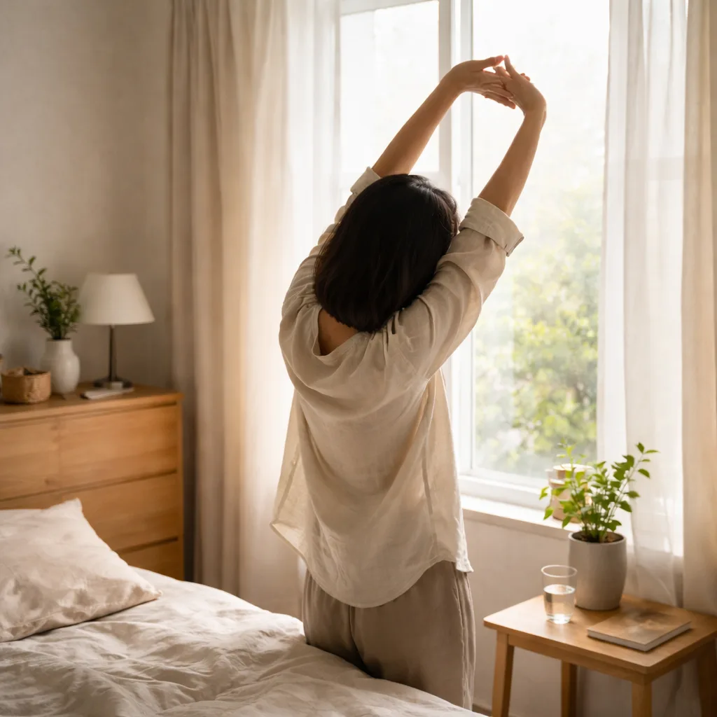 Person stretching in sunlight during a calm morning routine Why is everyone doing the becoming chinese routine