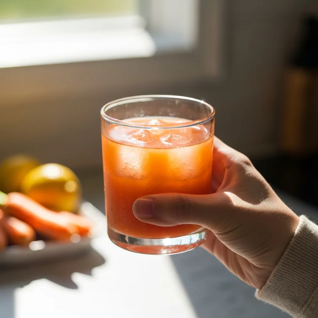 Hand holding carrot lemon nighttime drink near kitchen window