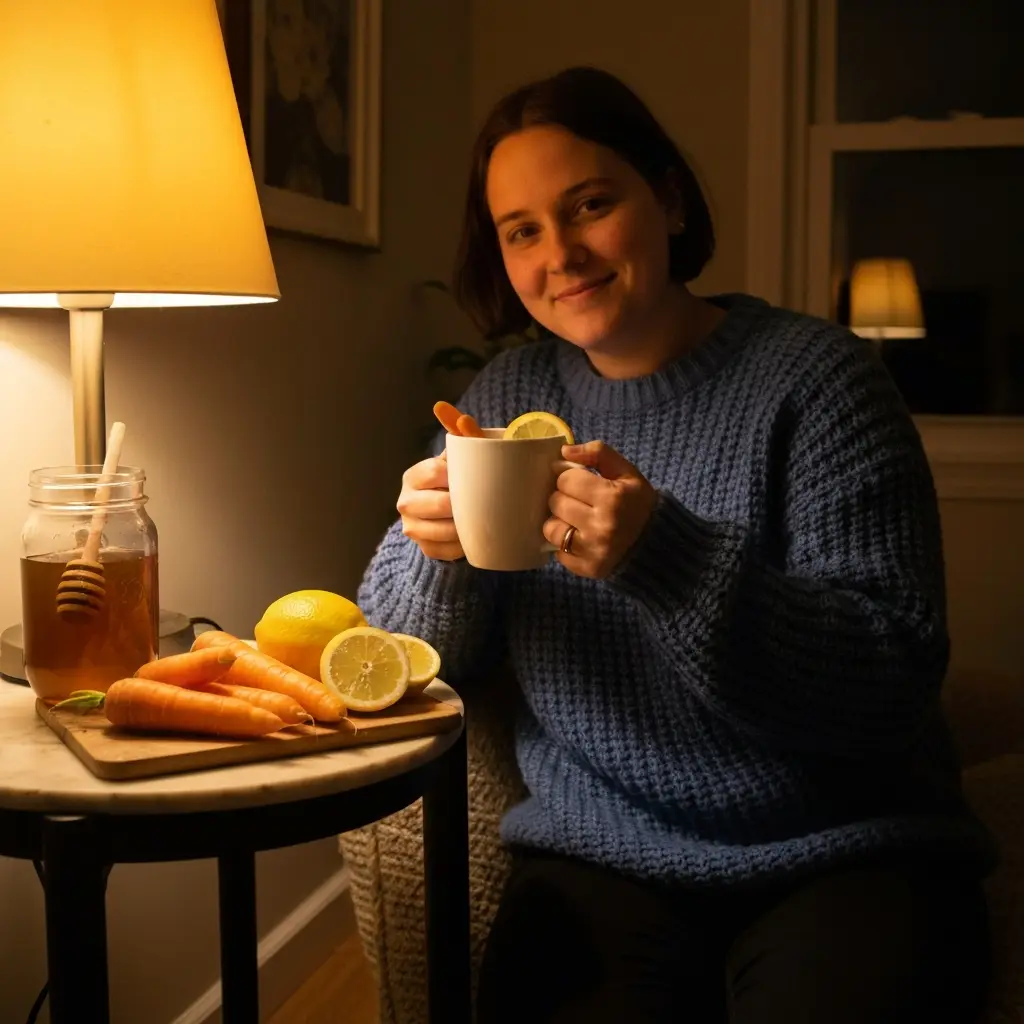 Cozy evening scene with carrot lemon drink and ingredients on table carrot lemon nighttime drink