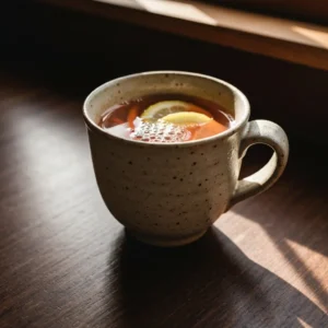 Carrot lemon nighttime drink in glass jar with fresh carrots and lemon