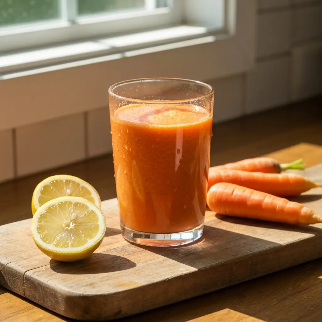 Fresh carrot lemon drink with lemons and carrots on cutting board carrot lemon nighttime drink