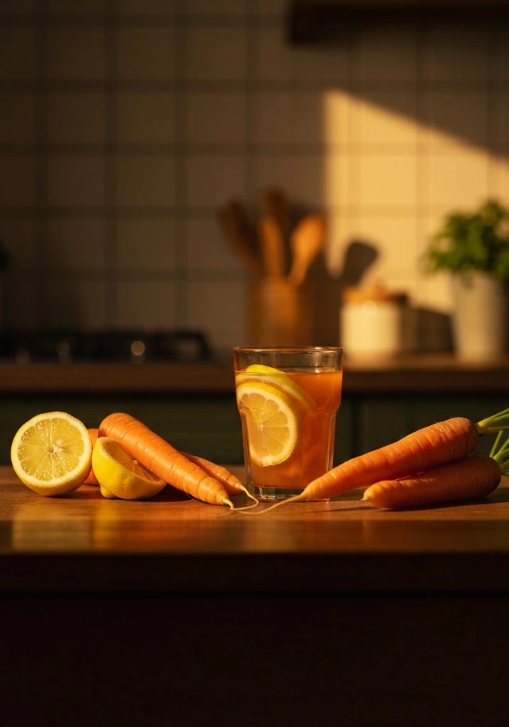 Vertical Pinterest image of carrot lemon nighttime drink with carrots and lemons