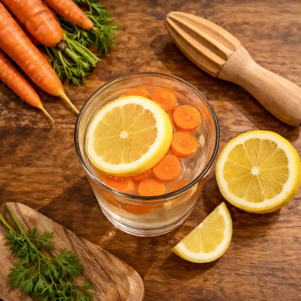 Hand holding carrot lemon water near kitchen window in evening light What happens if you drink carrot lemon water before bed every day