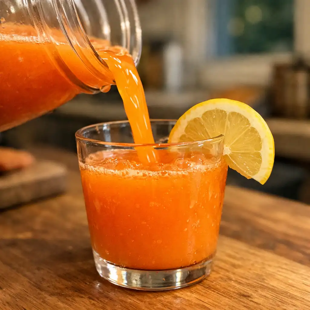 Top view of carrot lemon water with fresh carrots and lemons on table What happens if you drink carrot lemon water before bed every day