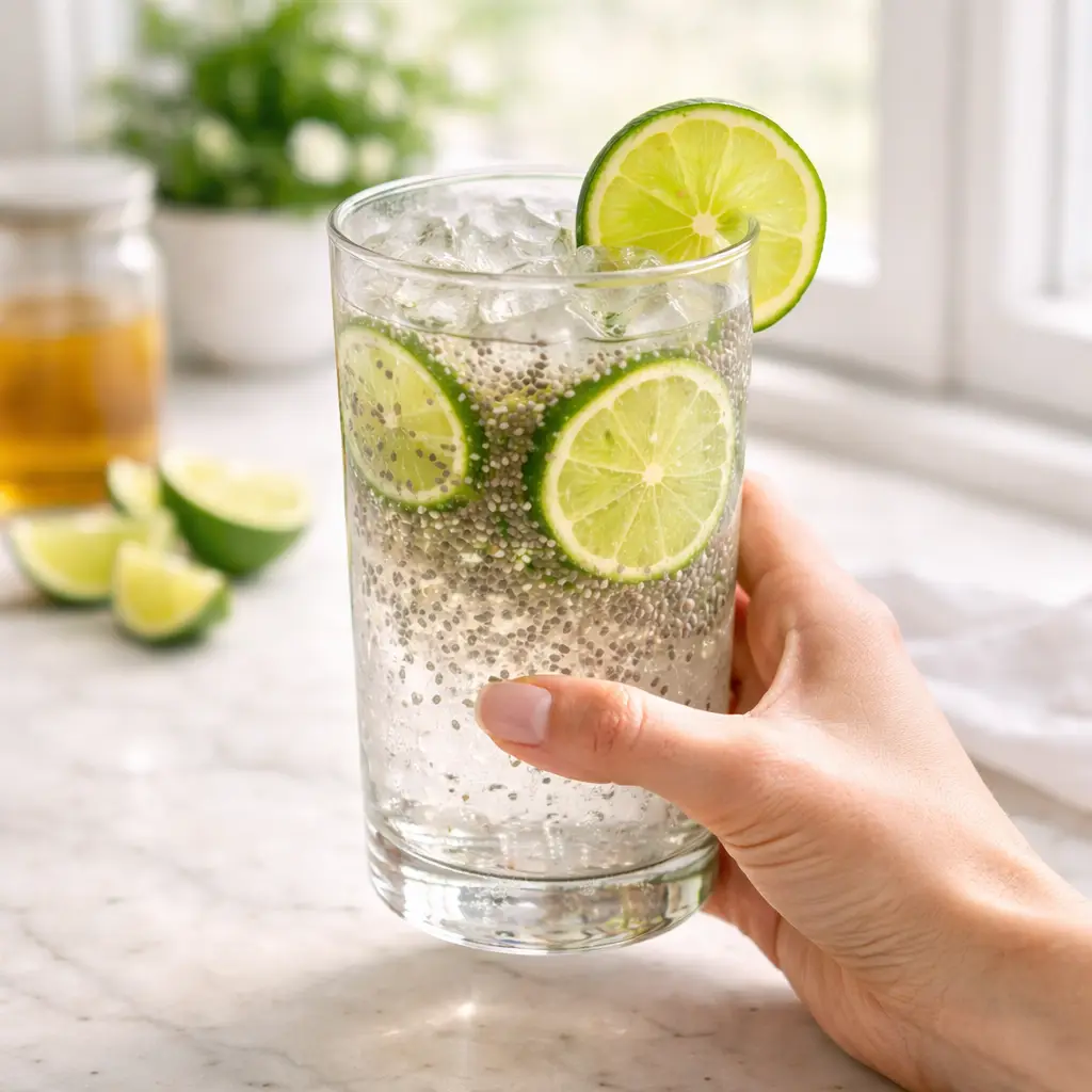 Person holding chia fresca in a cozy living room setting