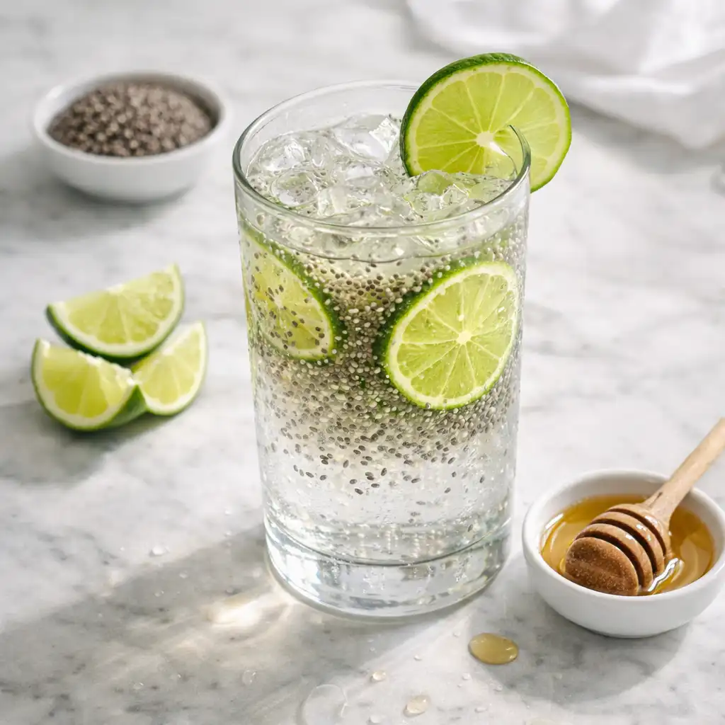 Hand holding a fresh Chia Fresca Hydration Drink near a bright kitchen window