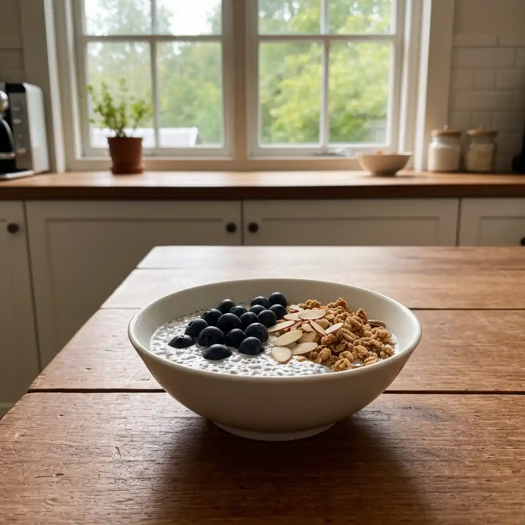 Vanilla chia pudding bowl with blueberries and granola topping