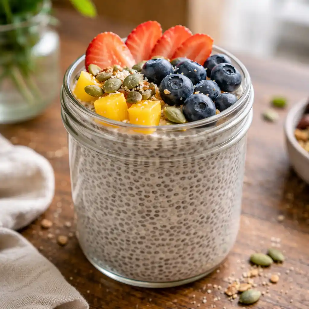 Chia pudding with fruit and seeds for gut health fibermaxxing gut health