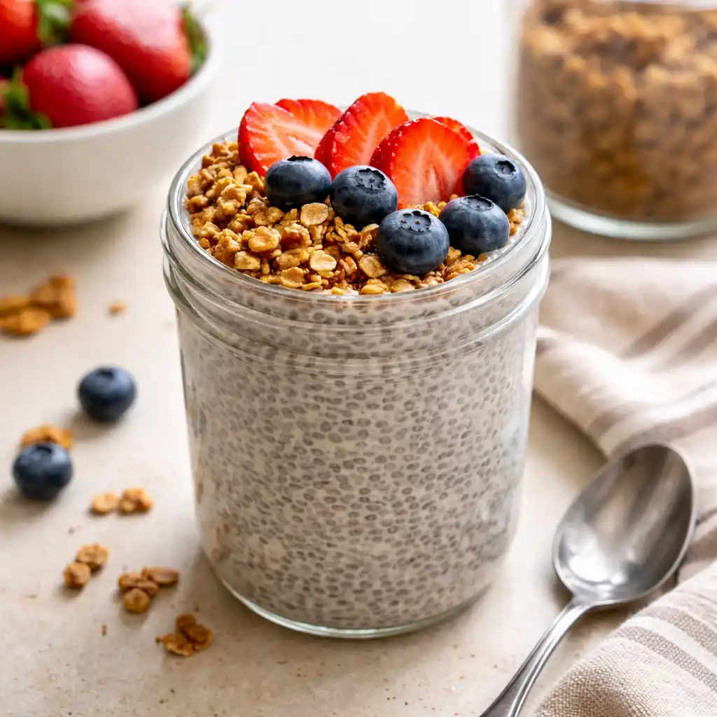 Chia pudding with berries and granola in a glass jar fiber era high fiber breakfast
