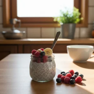 Homemade chia pudding topped with berries and banana in a glass jar