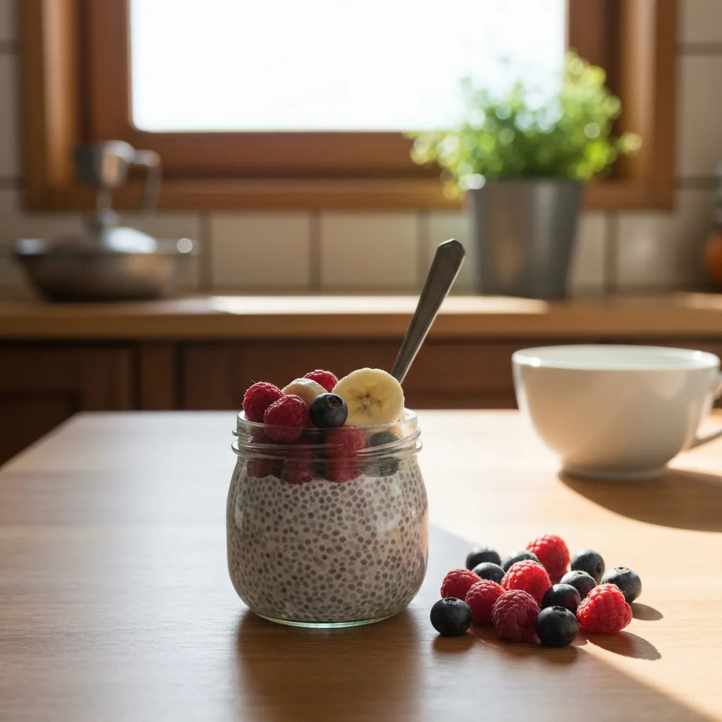 Homemade chia pudding topped with berries and banana in a glass jar